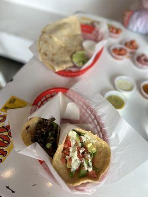 Cheese quesadilla (back). Nopal taco & mushroom taco (front)