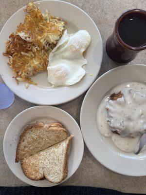 Chicken fried steak, two eggs, hash browns, and toast. It is so good!