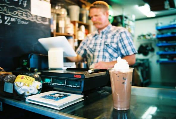 The best iced mocha I had on the entire cross country road trip, and behind it, a Dwight.