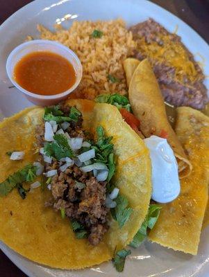 The combination plate with a taco, enchilada and flauta. Everything was delicious!