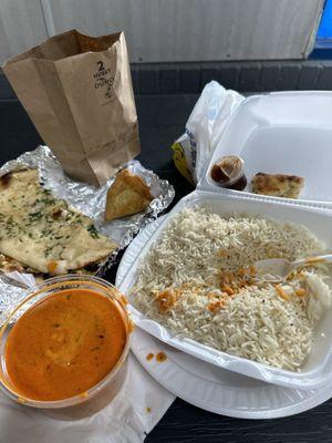 Tikka masala with naan and samosas!! Yum