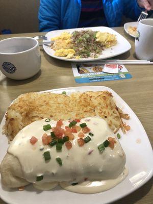 Breakfast burrito and the "garbage breakfast" in the back.