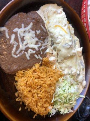 Seafood burrito and rice and beans