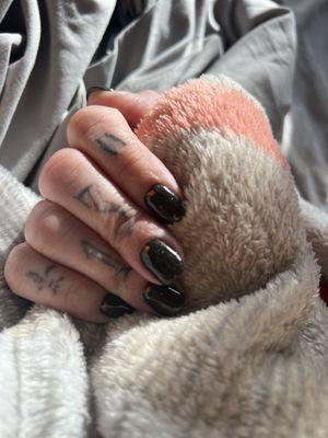 Dark glitter dip manicure with neon orange dot moons, thank you Lisa !