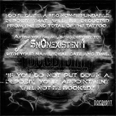 Non-Refundable $50 Deposit Required to Book!
Send to $n0nexistent1 on cashapp with date and time.

No deposit, no appointment