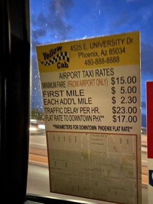 Rates. $17 flat fee to downtown Phx. Lyft was $23 to same destination.