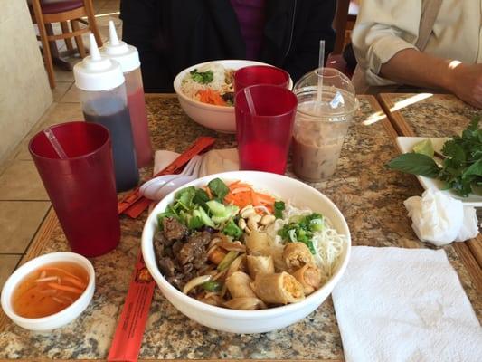 Vermicelli with BBQ pork, shrimp, and egg rolls