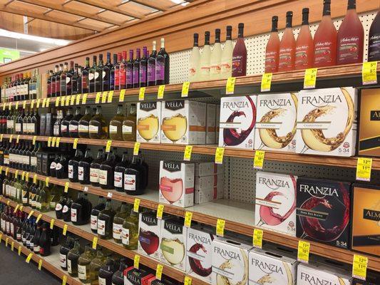 Impressive selection of box wines and jug wines, not to mention Arbor Mist wine coolers...