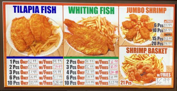 fried seafood combos: tilapia, whiting, jumbo shrimp, shrimp basket