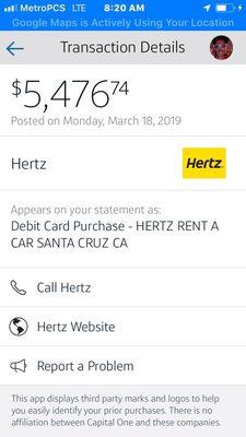 This is the excessive charge that Hertz applied to my account on March 20, 2019.