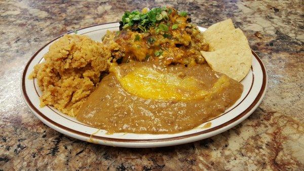 Enchiladas, Spanish rice and refried beans for a lunch special! Yummy!