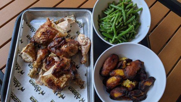 Whole chicken meal (cut in 8 pieces) with upgraded sides, beans and maduros (fried plantains)