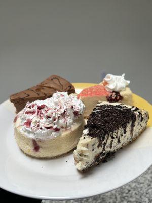 Oreo slice, raspberry slice, chocolate peanut butter slice, white chocolate raspberry mini