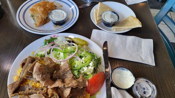 Gyro Platter Dinner, Spanikopita, and Pita with Tzatziki! This place is absolutely delicious!