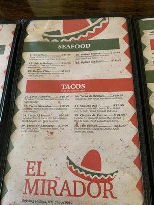 Menu with prices