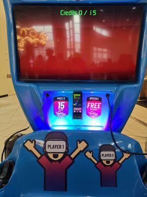 15 dollars per play. This is a vide game in the middle of the mall by the restrooms. Right next to the sign banning teens on the weekends.