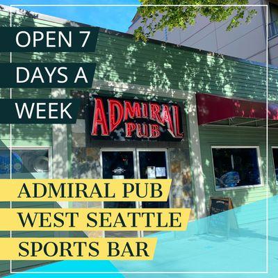 We are open 7 days a week. Sports, Drinks, Pinball & Best Wings and Burgers in West Seattle.  Open 2pm weekdays and 1pm weekends