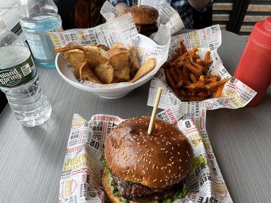 Double patty (one regular and one spicy) sweet potato fries and long cut Joseph's Fries