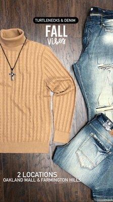 Cable turtleneck paired with Jordan Craig jeans