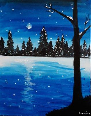 A Tokes and Brush Strokes painting of a wintry lake at night