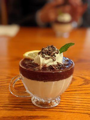 Japanese milk pudding with chocolate and wine reduction.