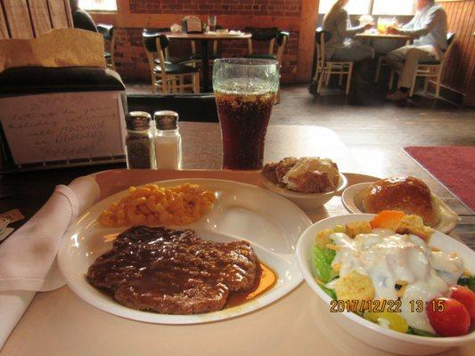 Typical meal: Southern Fried Steak, Mac & Cheese, Side Salad, Buttered Roll, Coke, and Chocolate Pudding