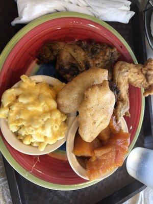 Jerk Chicken, Sweet Potatoes, Mac and Cheese and Hot Water Cornbread (about $10)