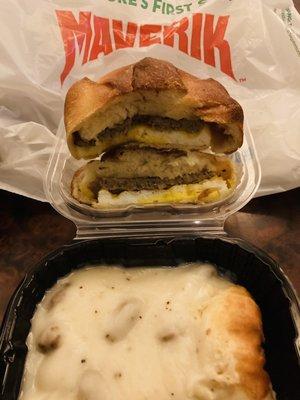 Biscuits and gravy. Breakfast bundle sandwich.