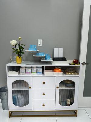 Cabinet with masks and lotions