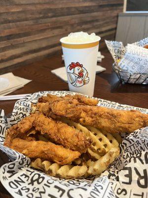 5 Piece Chicken Tenders, with waffle fries and a drink.