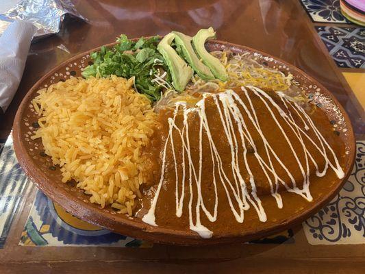 Chili relleno, rice, beans, salad, and fresh corn tortillas.