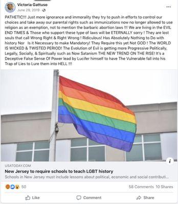 Victoria Gattuso says that people who support making LGBT history part of school curriculums are Satanic and will be "eternally sorry".