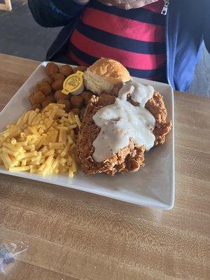 Chicken fried chicken, fried okra and yellow Mac and cheese