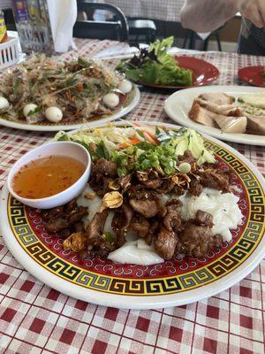 Banh uot thit nuong. Steamed rice sheet with grilled pork