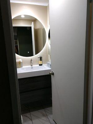 New vanity, sink, and lighted mirror