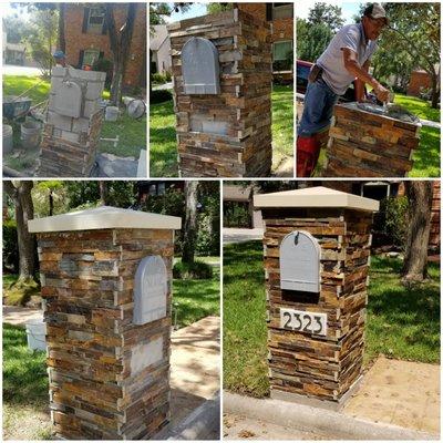 Removed old mailbox. Built new with Imperial Multicolored stack stone.With a Cast Stone top.