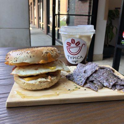 Bacon, egg, cheese bagel drizzled with truffle oil (!!!), vanilla latte with almond milk, and some fabulous blue corn chips!