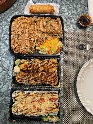 Chicken lo mein, Godzilla Maki and Monster Maki