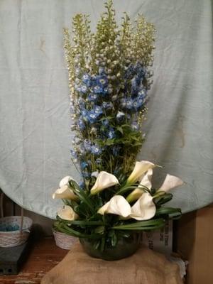 Blue Delphinium and White Calla Lilies