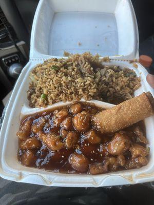 Sesame chicken and beef fried rice