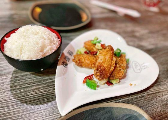 Salt & Pepper Chicken Wings (compliment - soft opening); White rice $2.50