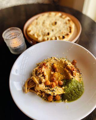 Hummus, Salsa Verde, Pickled Shimeji Mushrooms, Everything Spice