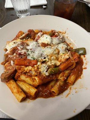 Sausage, Peppers, and Onions over Rigatoni