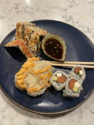 Spicy Tuna Sandwich Roll; Philadelphia Roll; spicy Salmon Crunchy Roll