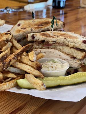 The pub club- homemade bread stacked full of meat and thin apple slices with hand cut fries.  Not a brunch leftover.