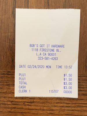 Receipt for 2 keys