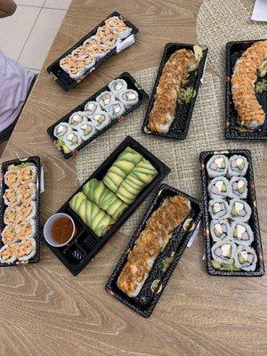 Spicy krab roll, spicy California roll, tempura shrimp roll, Philadelphia roll, avocado vegetable spring roll, California roll