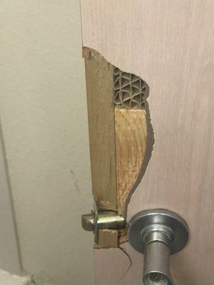 Bathroom door kicked in at some point. Does not work.