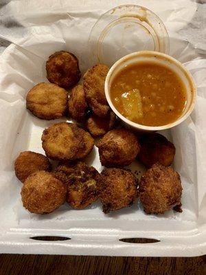 Sides: fried squash, hush puppies, and BBQ beans cup