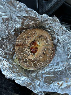 Pork roll egg and cheese on an everything bagel. Absolutely delicious!